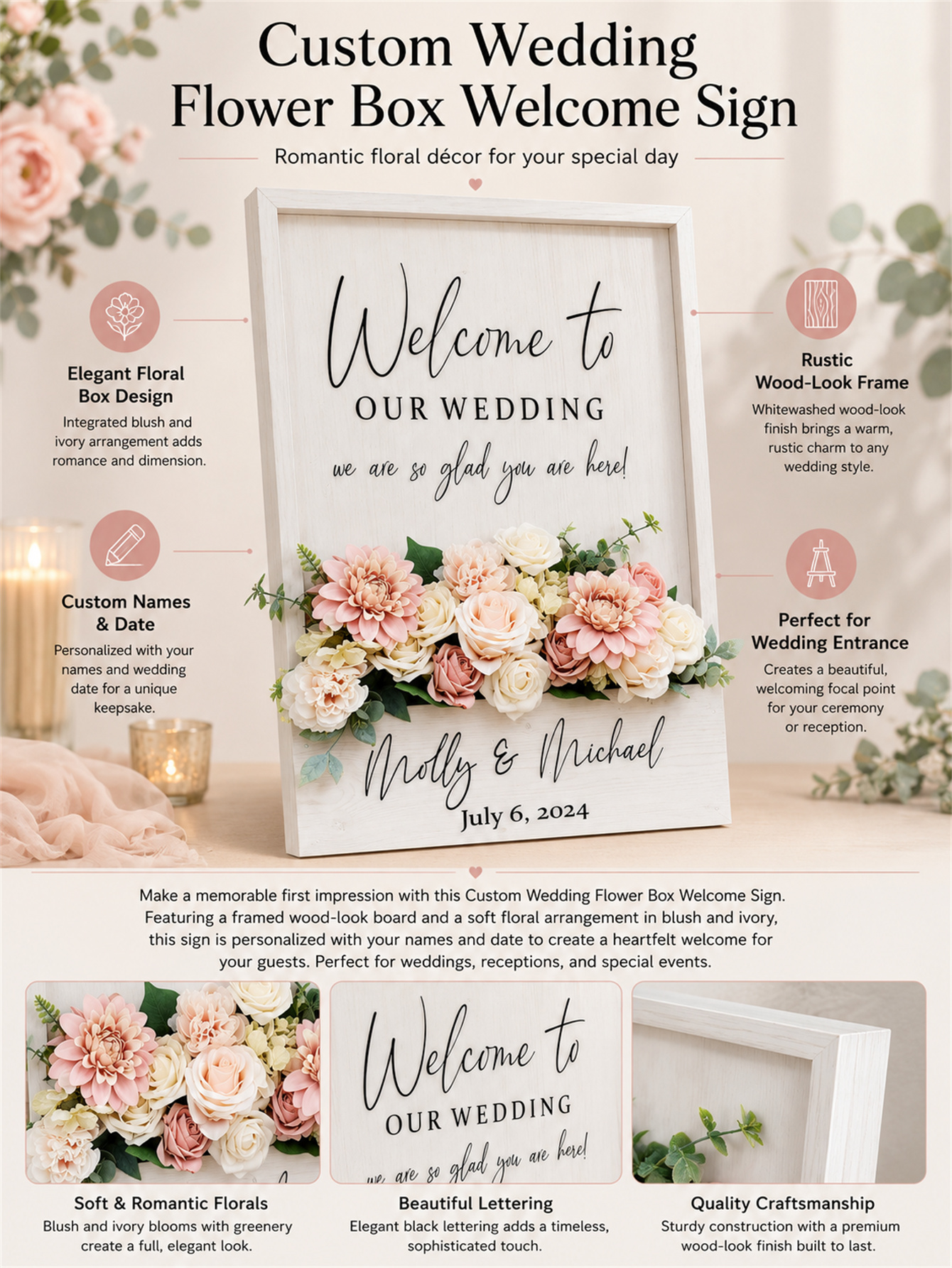 Wooden wedding welcome signs and flowers, custom flower box wedding signs, simple wedding entrance decorations, personalized name and date signs, ceremony reception